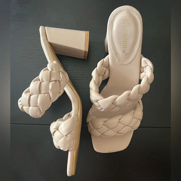 Greatonu Braided 3.35” Heels in white, cream, and tan - Picture 4 of 12